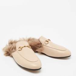 Pre Owned Gucci Cream Leather And Fur Princetown Horsebit Mules Size 39.5