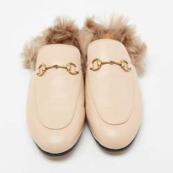 Pre Owned Gucci Cream Leather And Fur Princetown Horsebit Mules Size 39.5