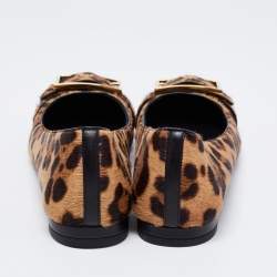 Pre Owned حذاء باليرينا فلات غوتشي شعر عجل نقشة الفهد بني/بيج بإبزيم مقاس 39