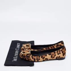 Pre Owned حذاء باليرينا فلات غوتشي شعر عجل نقشة الفهد بني/بيج بإبزيم مقاس 39