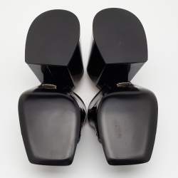 مملوكة مسبقًا صندل سلايد غوتشي جلد لامع أسود كعب مربع سميك مزين بشعار هورسبيت مقاس 38