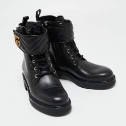 Pre Owned Gucci  Black Leather Double G Ankle Boots Size 38