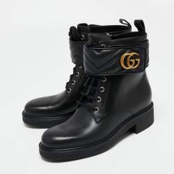 Pre Owned Gucci  Black Leather Double G Ankle Boots Size 38