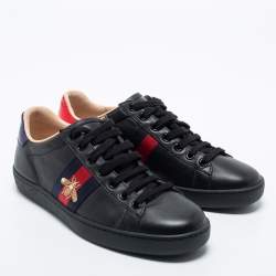 Gucci Black Leather Bee Embroidered Ace Low Top Sneakers Size 35.5