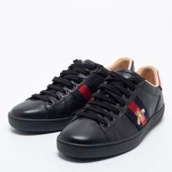Gucci Black Leather Bee Embroidered Ace Low Top Sneakers Size 35.5
