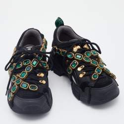 Pre Owned Gucci Black Mesh And Leather Flashtrek Removable Crystals Low Top Sneakers Size 37