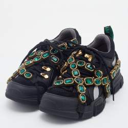 Pre Owned Gucci Black Mesh And Leather Flashtrek Removable Crystals Low Top Sneakers Size 37