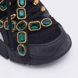 Pre Owned Gucci Black Mesh And Leather Flashtrek Removable Crystals Low Top Sneakers Size 37