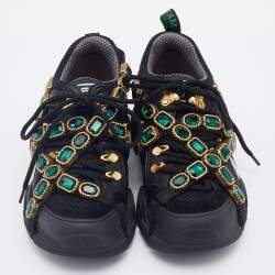 Pre Owned Gucci Black Mesh And Leather Flashtrek Removable Crystals Low Top Sneakers Size 37