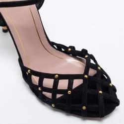 Pre Owned Gucci Black Suede Studded Caged Peep Toe Ankle Strap Sandals Size 38
