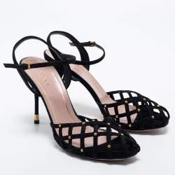 Pre Owned Gucci Black Suede Studded Caged Peep Toe Ankle Strap Sandals Size 38