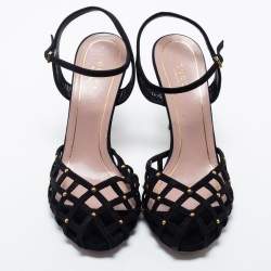 Pre Owned Gucci Black Suede Studded Caged Peep Toe Ankle Strap Sandals Size 38