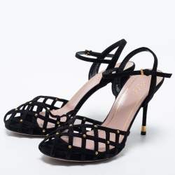 Pre Owned Gucci Black Suede Studded Caged Peep Toe Ankle Strap Sandals Size 38