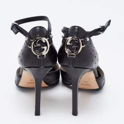 Pre Owned Gucci Black Leather Interlocking G Ankle Strap Sandals Size 38