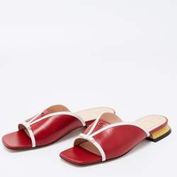 Pre Owned Gucci Red Leather Square Open Toe Mules Size 37.5