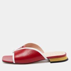 Pre Owned Gucci Red Leather Square Open Toe Mules Size 37.5