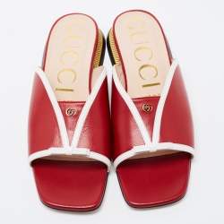 Pre Owned Gucci Red Leather Square Open Toe Mules Size 37.5