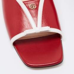Pre Owned Gucci Red Leather Square Open Toe Mules Size 37.5