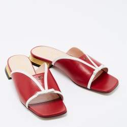 Pre Owned Gucci Red Leather Square Open Toe Mules Size 37.5
