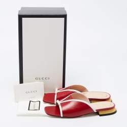 Pre Owned Gucci Red Leather Square Open Toe Mules Size 37.5