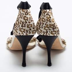 Pre Owned Gucci Off-White/Black Pleated Printed Satin Ankle Tie Sandals Size 38