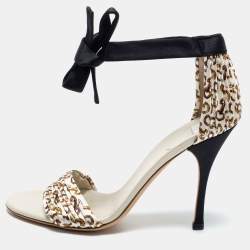 Pre Owned Gucci Off-White/Black Pleated Printed Satin Ankle Tie Sandals Size 38
