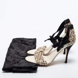 Pre Owned Gucci Off-White/Black Pleated Printed Satin Ankle Tie Sandals Size 38