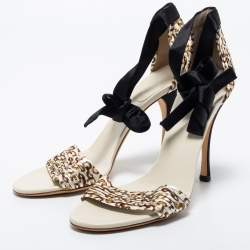 Pre Owned Gucci Off-White/Black Pleated Printed Satin Ankle Tie Sandals Size 38