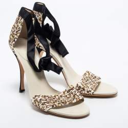 Pre Owned Gucci Off-White/Black Pleated Printed Satin Ankle Tie Sandals Size 38