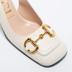 Pre Owned Gucci Cream Leather Horsebit Square Toe Slingback Pumps Size 39.5