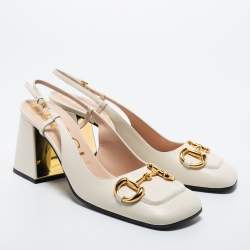 Pre Owned Gucci Cream Leather Horsebit Square Toe Slingback Pumps Size 39.5