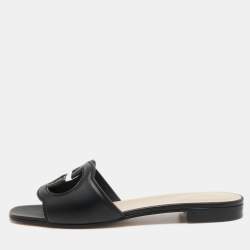 Pre Owned Gucci Black Leather Interlocking G cut out Flat Slides Size 40
