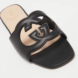 Pre Owned Gucci Black Leather Interlocking G cut out Flat Slides Size 40