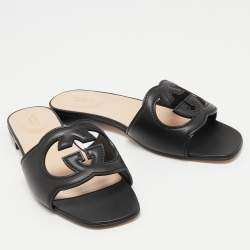 Pre Owned Gucci Black Leather Interlocking G cut out Flat Slides Size 40
