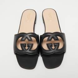 Pre Owned Gucci Black Leather Interlocking G cut out Flat Slides Size 40