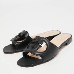 Pre Owned Gucci Black Leather Interlocking G cut out Flat Slides Size 40