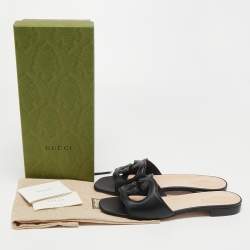 Pre Owned Gucci Black Leather Interlocking G cut out Flat Slides Size 40
