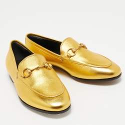 Pre Owned Gucci Gold Leather Hosrsebit Jordaan Loafers Size 35