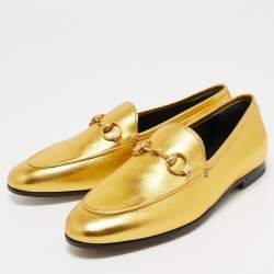 Pre Owned Gucci Gold Leather Hosrsebit Jordaan Loafers Size 35