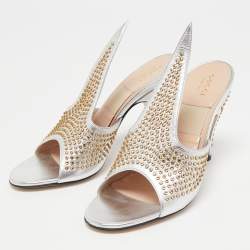 Gucci Silver Leather Studded Cone Slide Sandals Size 36.5 