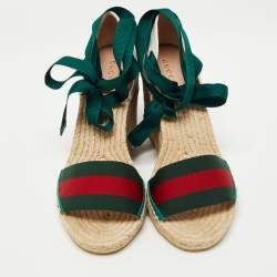 Gucci Multicolor Canvas Web Espadrille Wedge Ankle Wrap Sandals Size 38