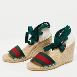 Gucci Multicolor Canvas Web Espadrille Wedge Ankle Wrap Sandals Size 38