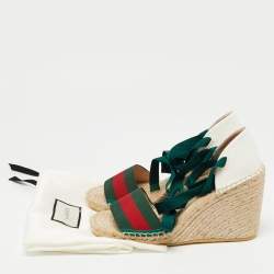 Gucci Multicolor Canvas Web Espadrille Wedge Ankle Wrap Sandals Size 38