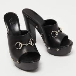 Gucci Black Leather Horsebit Peep Toe Clogs Size 36
