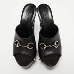 Gucci Black Leather Horsebit Peep Toe Clogs Size 36