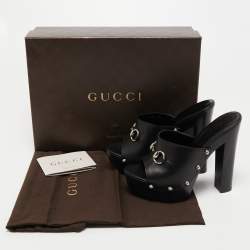 Gucci Black Leather Horsebit Peep Toe Clogs Size 36