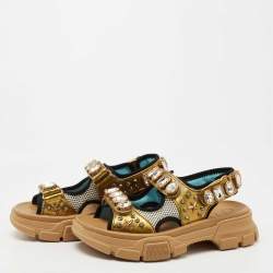 Gucci Multicolor Mesh and Leather Aguru Slingback Sandals Size 36.5
