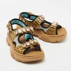 Gucci Multicolor Mesh and Leather Aguru Slingback Sandals Size 36.5