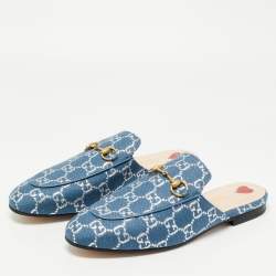 Pre Owned Gucci Blue Denium Princetown Horsebit Flat Mules Size 39.5