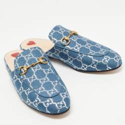 Pre Owned Gucci Blue Denium Princetown Horsebit Flat Mules Size 39.5